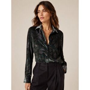 Faherty Green Floral Velvet Silk Blend Button Down Shirt Small Boho‎ Burnout Top